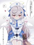  1girl absurdres beatrixa_(stella_sora) gloves grey_hair halo hat highres long_hair red_eyes shi3yin1 stella_sora thighhighs wings 