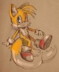  2_tails anthro blue_eyes canine clothing dipstick_tail footwear fox fur gloves male mammal miles_prower multi_tail multicolored_tail solo sonic_(series) traditional_media_(artwork) video_games white_fur yellow_fur くわげ 