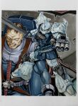  1boy absurdres border brown_hair commentary_request gouf_custom gun gundam gundam_08th_ms_team highres holding holding_sword holding_weapon katsu_(24791909) marker_(medium) mecha_pilot_suit mobile_suit multiple_views normal_suit_(gundam) norris_packard open_mouth short_hair sitting sword tagme traditional_media weapon white_border 