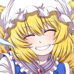  blonde_hair blue_dress closed_eyes commentary_request dress eyebrows_visible_through_hair facing_viewer fox_tail grin hanya_(hanya_yashiki) hat mob_cap multiple_tails partial_commentary pillow_hat portrait short_hair smile solo tail touhou white_hat yakumo_ran 