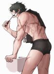 1boy baibian6665 black_hair black_male_underwear commentary dog_tags hair_over_eyes highres holding holding_razor lighter_(zenless_zone_zero) male_focus male_underwear multiple_scars razor scar scar_on_arm scar_on_back scar_on_leg shaving short_hair solo standing towel towel_on_one_shoulder twitter_username underwear zenless_zone_zero 
