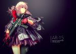  absurdres ar-15 armband armor assault_rifle bangs blush character_name closed_mouth clothes_writing coat commentary dress floating_hair gas_mask girls_frontline gloves gun hair_between_eyes hair_ornament highres holding holding_gun holding_weapon holster jacket long_hair looking_away magazine_(weapon) mod3_(girls_frontline) multicolored_hair open_clothes open_coat parted_lips pink_hair ponytail recamuse red_gloves rifle scarf scope sidelocks simple_background skindentation solo st_ar-15_(girls_frontline) strap streaked_hair thigh_holster thigh_strap thighhighs torn_jacket trigger_discipline weapon 