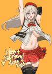  1girl 2026 absurdres alisa_ilinichina_amiella armpits arms_up bare_shoulders beret black_thighhighs blue_eyes breasts character_name commentary commission english_commentary fingerless_gloves gloves god_eater god_eater_burst grey_hair happy_birthday hat highres large_breasts long_hair miniskirt navel orange_background pinepin pleated_skirt presenting_armpit red_hat red_skirt simple_background skirt sleeveless solo stomach thighhighs thighs underboob zettai_ryouiki 