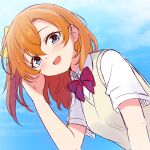  1girl akatsuki_rabbit blue_eyes blush bow hair_bow highres kosaka_honoka love_live! love_live!_school_idol_project one_side_up open_mouth orange_hair otonokizaka_school_uniform school_uniform shirt short_sleeves smile solo summer_uniform sweater_vest white_shirt 