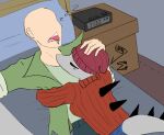2024 alarm_clock anon_(snoot_game) anthro back_spikes bald beanie bed bedroom bodily_fluids bottomwear cavemanon_studios clock clothing color_edit colored cuddling denim denim_bottomwear denim_clothing detailed_background digital_drawing_(artwork) digital_media_(artwork) dinosaur drooling duo erin_(snoot_game) eyes_closed female female_on_human furniture green_clothing green_jacket green_topwear grey_body grey_scales hat headgear headwear hi_res human human_on_anthro interspecies jacket jacket_ignites jeans light-skinned_male light_body light_skin long_tail male male/female male_on_anthro mammal on_bed pants prehistoric_species red_beanie red_clothing red_hat red_headwear red_sweater red_topwear reptile saliva scales scalie sleeping snoot_game snout sound_effects spiked_tail spikes spikes_(anatomy) sweater tail third-party_edit topwear vowelless vowelless_sound_effect watermark zzz