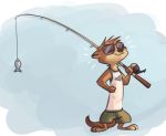  2018 anthro barefoot clothed clothing disney eyewear fan_character fish fishing_rod fuel_(artist) head_tuft holding_object male mammal marine mustelid otter simple_background solo standing sunglasses whiskers zootopia 