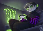 absurd_res alternative_fashion american_opossum anthro bioluminescence clothed clothing emo gaming glowing hi_res inside male mammal marsupial microsoft monster_energy pawprincess playing_video_game solo xbox xbox_game_studios