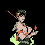  1boy ancient_greek_clothes armband artist_name black_background black_hair black_sclera colored_sclera commentary crystal greco-roman_clothes green_eyes hades_(series) hades_1 heterochromia holding holding_sword holding_weapon laurel_crown male_focus open_mouth over_shoulder poxeii red_armband red_eyes short_hair single_bare_shoulder skull_belt smile solo sword sword_over_shoulder toga untranslatable_commentary upper_body weapon weapon_over_shoulder zagreus_(hades) 