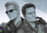  2boys albert_wesker art_program_in_frame character_request check_character chris_redfield confused furrowed_brow gloves hair_slicked_back hand_on_another's_mouth looking_to_the_side male_focus monochrome multiple_boys popped_collar poreyneel resident_evil resident_evil_1 screenshot short_hair sunglasses upper_body 