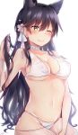  alternate_costume animal_ears arm_support atago_(azur_lane) azur_lane bangs bare_shoulders between_legs bikini bikini_tug black_hair blush bow breasts brown_eyes character_name closed_mouth collarbone covered_nipples extra_ears flower groin hair_bow hair_flower hair_ornament hand_between_legs hand_in_hair highres large_breasts leaning_back long_hair looking_at_viewer mole mole_under_eye navel one_eye_closed ponytail ribbon sarong see-through sidelocks signature simple_background sitting skindentation smile solo stomach swimsuit thighs untied untied_bikini very_long_hair white_background white_bikini white_bow white_sarong wrist_ribbon yuteke_key 