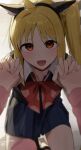  2girls :d absurdres ahoge animal_ear_hairband animal_ears black_hairband black_vest blonde_hair blush bocchi_the_rock! bow bowtie cat_ear_hairband cat_ears collared_shirt commentary_request cowboy_shot fake_animal_ears fang female_pov gotoh_hitori hairband highres holding_hands ijichi_nijika interlocked_fingers long_hair long_sleeves looking_at_viewer multiple_girls open_mouth polka_dot polka_dot_bow polka_dot_bowtie pov red_bow red_bowtie red_eyes seisyuntarotto shirt side_ponytail smile sweatdrop vest white_shirt yuri 
