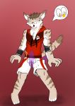  anthro ballbusting bulge clothed clothing cock_and_ball_torture feline hi_res leopard_cat male mammal nekojishi open_mouth shu-chi solo speech_bubble tears tongue unknown_artist 