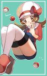  aqua_background blush bow brown_eyes brown_hair cabbie_hat closed_mouth hat hat_bow highres index_finger_raised kotone_(pokemon) long_hair outline overalls poke_ball poke_ball_(generic) pokemon pokemon_(game) pokemon_hgss red_bow red_footwear ririmon shoes sleeves_past_elbows smile solo thighhighs thighs tongue tongue_out twintails white_hat white_legwear white_outline 