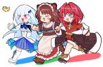  >_< 3girls :3 :d ange_katrina ange_katrina_(1st_costume) animal_ears ankle_boots apron bird black_boots blue_eyes blue_neckerchief blue_skirt blush_stickers boots brown_boots brown_coat brown_hair brown_kimono brown_sash buttons cardigan clawed_boots coat collared_shrug colored_shadow commentary_request dog_ears double-breasted flower frilled_apron frilled_skirt frills group_picture hair_flower hair_ornament hand_up high-waist_skirt highres inui_toko inui_toko_(1st_costume) japanese_clothes kimono knee_boots lace-up_boots layered_skirt lize_helesta lize_helesta_(1st_costume) long_hair long_skirt long_sleeves looking_ahead maid maid_headdress medium_skirt multiple_girls neckerchief nijisanji obi obiage obijime off_shoulder onigusa open_mouth pleated_skirt purple_eyes red_cardigan red_hair red_skirt running sanbaka_(nijisanji) sash sebastian_piyodore shadow shirt shirt_tucked_in shrug_(clothing) side-by-side simple_background skirt smile virtual_youtuber wa_maid waist_apron white_apron white_background white_boots white_hair white_headdress white_shirt white_shrug white_skirt yellow_bird 