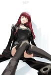  1girl black_jacket black_leotard breasts commentary_request gloves hair_down highres jacket leotard long_hair meameeea official_alternate_hairstyle persona persona_5 persona_5_the_royal red_gloves red_hair smile violet_(persona_5) yoshizawa_kasumi yoshizawa_sumire 
