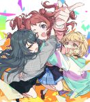  3girls ;d black_skirt blonde_hair blue_eyes blue_skirt blush commentary_request ezo_egg fang foreshortening fujita_kotone gakuen_idolmaster green_eyes green_hair grey_jacket group_hug hanami_saki hatsuboshi_gakuen_school_uniform highres hug idolmaster jacket long_hair long_sleeves looking_at_viewer multicolored_jacket multiple_girls one_eye_closed open_mouth pink_jacket pleated_skirt re;iris_(idolmaster) red_hair school_uniform skin_fang skirt smile sweatdrop tsukimura_temari yellow_eyes 