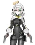  1girl absurdres arknights arknights:_endfield black_bodysuit bodysuit braid braided_sidelock breasts cecilia_immergreen covered_navel cowboy_shot doll_joints fingerless_gloves fluorite_(arknights) gloves green_eyes green_hair grey_hair gun handgun highres holding holding_gun holding_weapon hololive hololive_english hood hoodie joints medium_hair multicolored_bodysuit multicolored_hair simple_background single_braid small_breasts strap streaked_hair thigh_strap two-tone_bodysuit two-tone_hair weapon white_background white_hood white_hoodie winding_key zookacchi 