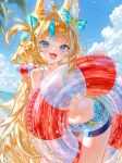  1girl :3 animal_ear_fluff animal_ears beach bikini bikini_bottom_under_shorts bikini_under_clothes blonde_hair blue_bikini blue_bow blue_eyes blue_hair blue_sky bow cat_ears cloud commentary cowboy_shot day diyokama fang frilled_innertube frills hair_bow highres holding holding_swim_ring indie_virtual_youtuber innertube lifebuoy_hair_ornament long_hair looking_at_viewer multicolored_hair navel one_side_up open_mouth outdoors sameko_saba sameko_saba_(1st_costume) short_shorts shorts side-tie_bikini_bottom sky solo streaked_hair swim_ring swimsuit two-tone_hair very_long_hair virtual_youtuber water white_shorts 