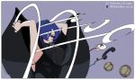  1girl armpits arms_up ball black_cloak blue_eyes blue_hair cloak commentary corded_phone crescent deknobow_dowob hair_over_one_eye highres meme phone promeia_(zenless_zone_zero) purple_background random_bullshit_go_(meme) simple_background solo throwing twitter_username untranslatable_commentary upper_body zenless_zone_zero 