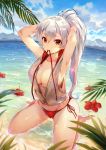  bangs beach bikini blue_sky blush breasts closed_mouth collarbone commentary_request day eyebrows_visible_through_hair fate/grand_order fate_(series) flower hair_between_eyes hips hood hoodie kneeling large_breasts long_hair looking_at_viewer mouth_hold ocean open_clothes open_hoodie open_vest outdoors palm_tree ponytail red_bikini_bottom red_eyes side-tie_bikini silver_hair sky sleeveless sleeveless_hoodie solo swimsuit teddy_(khanshin) thighs tomoe_gozen_(fate/grand_order) tree tying_hair unzipped vest white_vest zipper zipper_pull_tab 