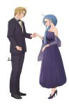  1boy 1girl absurdres ahoge blue_eyes blue_hair bow bowtie braid dress dress_shirt dress_shoes formal_clothes green_eyes hair_ornament hairpin highres holding_hands husband_and_wife mushoku_tensei onshi_6641 ponytail roxy_migurdia rudeus_greyrat shawl shirt single_braid strapless strapless_dress suit tuxedo 