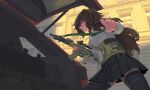  assault_rifle black_thighhighs box brown_hair car_trunk gun highres holding holding_weapon long_hair magazine_(weapon) original paperboathat rifle scope skirt sunlight thighhighs weapon weapon_request 