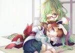  2girls ;d ;o bare_arms bare_shoulders blue_skirt brown_eyes brown_hair commentary_request dress fang glasses green_eyes green_hair hair_ornament hairclip hands_in_another's_hair headgear highres indoors japanese_clothes kimono lap_pillow long_hair long_sleeves lying multiple_girls no_shoes obi on_floor on_side one_eye_closed otomachi_una pantyhose pleated_skirt purple_dress purple_pantyhose red-framed_eyewear sailor_collar sailor_dress sash sasurai_susuki seiza semi-rimless_eyewear sitting skirt sleeveless sleeveless_dress smile tatami touhoku_kiritan under-rim_eyewear very_long_hair vocaloid voiceroid white_kimono white_sailor_collar wide_sleeves 
