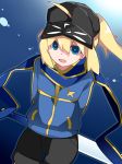  :d ahoge artoria_pendragon_(all) baseball_cap black_hat black_shorts blonde_hair blue_background blue_eyes blue_jacket blue_scarf excalibur fate/grand_order fate_(series) hammer_(sunset_beach) hat holding holding_sword holding_weapon jacket long_sleeves mysterious_heroine_x open_mouth ponytail scarf shorts smile solo standing sword weapon 