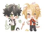  2boys :d alternate_costume animal_ears backpack bag bird black_bag black_hair black_pants black_shirt black_shoes blonde_hair blush_stickers bubble_tea casual cat_ears cat_tail chibi closed_mouth collared_jacket collared_shirt crossbody_bag dog dog_ears dog_tail double-parted_bangs drawn_ears drawn_tail drawn_whiskers fanny_pack feather_hair_ornament feathers full_body green_eyes green_pants hair_between_eyes hair_ornament hand_up ikaruma1412 iwatani_naofumi jacket kitamura_motoyasu layered_shirt legendary_shield_(small_shield)_(tate_no_yuusha_no_nariagari) legendary_shield_(tate_no_yuusha_no_nariagari) legendary_spear_(minute_hand_of_the_dragon's_era)_(tate_no_yuusha_no_nariagari) male_focus medium_hair messy_hair multiple_boys open_clothes open_jacket open_mouth open_shirt pants parted_bangs penguin pink_feathers red_eyes red_shirt satchel shirt shoes short_hair short_sleeves smile stuffed_animal stuffed_toy tail tail_wagging tate_no_yuusha_no_nariagari teeth tongue tongue_out upper_teeth_only white_jacket white_shirt white_shoes yari_no_yuusha_no_yarinaoshi 