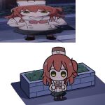  1girl black_socks bocchi_the_rock! bow chibi chibi_only green_eyes guitar_case happy holding_strap instrument_case kita_high_school_uniform kita_ikuyo looking_at_viewer malrangdonut photo-referenced plant pleated_skirt red_hair school_uniform shuka_high_school_uniform side_ponytail skirt smile socks solo solo_focus 