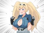  ahoge black_bra black_gloves blonde_hair blue_eyes blue_shirt blush bra bra_peek breast_pocket breasts bursting_breasts button_gap buttons cleavage collared_shirt crying crying_with_eyes_open eyebrows_visible_through_hair flying_button gambier_bay_(kantai_collection) gloves hair_between_eyes hairband kantai_collection large_breasts long_hair open_mouth pocket popped_button puffywaffles shirt short_sleeves solo speed_lines tears twintails underbust underwear wardrobe_malfunction 