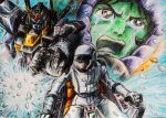  1980s_(style) 1boy aeug angry battle captured commentary_request crayon_(medium) crying dual_persona gundam gundam_mk_ii helmet kamille_bidan mecha mecha_pilot_suit mobile_suit pilot pilot_chair retro_artstyle robot sad scan scene_reference science_fiction shouting sitting sketch space_helmet spacesuit titans_(gundam) traditional_media user_ahyc4773 v-fin zeta_gundam 