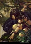  artist_name bayard_wu bracelet brown_hair dagger facial_mark jewelry leaf legend_of_the_cryptids long_hair midriff nail_polish official_art panther slit_pupils solo tree watermark weapon web_address 