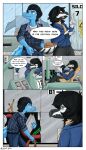 2024 5_fingers absurd_res anthro archaeopteryx artist_name ashley_(snoot_game) belt black_body black_bottomwear black_clothing black_hair black_pants black_scales blue_body blue_clothing blue_eyes blue_jacket blue_scales blue_topwear bottomwear bracelet cavemanon_studios cigarette claws clothing collared_shirt comic denim denim_bottomwear denim_clothing detailed_background dialogue digital_drawing_(artwork) digital_media_(artwork) dinosaur dress_shirt duo english_text ernie_(snoot_game) eyelashes facial_hair feathered_dinosaur feathered_scalie feathers female finger_claws fingers frill_(anatomy) gold_(metal) gold_bracelet gold_jewelry gold_necklace hair hi_res inside jacket jacket_ignites jeans jewelry long_tail male male/female multicolored_body multicolored_scales mustache necklace open_mouth open_smile orange_eyes pants pattern_clothing pattern_shirt pattern_topwear plaid plaid_clothing plaid_shirt plaid_topwear prehistoric_species reptile saurischian scales scalie scarf sharp_teeth shirt sitting smile snaggle_teeth snoot_game snout spinosaurid spinosaurus tail tail_frill tan_scarf teeth text theropod topwear two_tone_body two_tone_scales watermark white_body white_scales wire