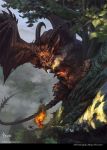  artist_name bat_wings bayard_wu chimera faceless faceless_male fangs fire fur_trim highres horns leaf legend_of_the_cryptids monster open_mouth sky tail tree watermark web_address wings yellow_eyes 