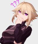  1girl ? ?? absurdres ahoge alternate_breast_size_(larger) artist_name blonde_hair breasts closed_mouth commentary english_commentary faron_(faro_on) grey_sweater_vest hair_flaps hair_intakes highres large_breasts looking_to_the_side plaid_clothes plaid_sweater_vest plaid_vest purple_eyes short_hair sidelocks signature simple_background solo sweater sweater_vest thinking turtleneck turtleneck_sweater upper_body urotsuki vest white_background yume_2kki 