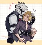  2boys ? ?? aged_down ahoge animal_ear_fluff animal_ears arm_belt artist_name belt black_belt black_gloves black_streaks blonde_hair blush body_fur claws closed_mouth collarbone collared_vest commentary_request dated eyepatch fingerless_gloves furry furry_male gloves gold_ring grey_shirt grey_vest grid_background hair_between_eyes hand_up heart highres hug hug_from_behind hugo_vlad jewelry lapels licking licking_another's_face looking_at_another looking_back male_focus mole mole_under_eye multicolored_hair multiple_boys muzzle_(mask) one_eye_closed parted_bangs pointy_ears red_eyes ring shirt short_hair short_sleeves sleeves_rolled_up streaked_hair sweatdrop time_paradox tongue tongue_out twitter_username vest von_lycaon washidake white_background white_fur white_hair white_shirt wolf_boy wolf_ears yaoi zenless_zone_zero 