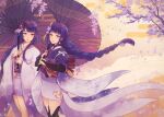  2girls abstract_background alternate_costume blunt_bangs braid bridal_gauntlets cherry_blossoms closed_mouth electro_symbol_(genshin_impact) english_commentary fan_hair_ornament flower genshin_impact hair_ornament highres holding holding_umbrella japanese_clothes kimono light_blush long_braid long_hair long_sleeves looking_at_viewer looking_to_the_side makoto_(genshin_impact) multiple_girls oil-paper_umbrella outdoors pink_lips purple_eyes purple_hair purple_kimono raiden_shogun sash siblings single_braid sisters sky standing thighhighs twins umbrella upper_body wide_sleeves wisteria yellow_background yellow_sky youyuening 