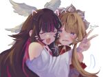  2girls :3 bare_shoulders black_collar black_hair blue_eyes bonnet brown_hair cheek-to-cheek cheek_press closed_eyes collar colored_inner_hair columbina_(genshin_impact) commentary detached_sleeves drawn_ears drawn_tail drawn_whiskers dress eye_mask fang frilled_sleeves frills gem genshin_impact hair_ornament hands_on_another's_shoulders head_wings heads_together highres hug kitsunetenma long_hair mask multicolored_hair multiple_girls multiple_wings open_mouth purple_hair purple_streaks red_gem sandrone_(genshin_impact) short_hair_with_long_locks sidelocks signature simple_background skin_fang smile streaked_hair two-tone_hair upper_body v very_long_hair white_background white_dress white_headdress white_mask white_wings wing_hair_ornament wings x-shaped_eyewear yuri 