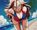  android_21 armlet beach bent_over bikini blue_bikini blue_eyes blue_sky bracelet breasts brown_hair cleavage cloud commentary_request day dragon_ball dragon_ball_fighterz earrings eyelashes hair_between_eyes half-closed_eyes hand_on_hip hoop_earrings jewelry large_breasts long_hair looking_at_viewer multicolored multicolored_bikini multicolored_clothes ocean red_bikini sand sky solo summer swimsuit tama_azusa_hatsu 