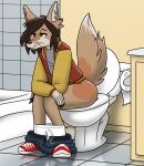 anthro bottomwear bottomwear_down briefs briefs_down butt canid canine canis clothed clothing coyote footwear hi_res implied_scat knottyknight male mammal pants pants_down partially_clothed relieved shoes smile sneakers solo toilet toilet_use underwear underwear_down