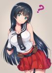  ? agano_(kantai_collection) anchor_symbol arm_behind_back bangs belt black_belt black_hair black_neckwear black_sailor_collar blue_eyes blush breasts cleavage collarbone cowboy_shot eyebrows_visible_through_hair furrowed_eyebrows garter_straps gloves grey_background hair_between_eyes hand_on_own_chest hand_up head_tilt highres kantai_collection large_breasts leaning_forward long_hair looking_at_viewer midriff miniskirt navel necktie oonaka_ito pleated_skirt red_skirt sailor_collar shiny shiny_hair sidelocks simple_background skirt sleeveless smile solo standing straight_hair very_long_hair white_gloves 