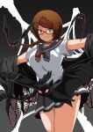  1girl @_@ bat_(animal) black_background black_bow black_sailor_collar black_shawl black_skirt bow braid breasts brown_hair choker clenched_teeth commentary_request cowboy_shot dead_mount_death_play evil_smile glasses highres large_breasts long_hair looking_at_viewer magyo multicolored_hair outstretched_arms pleated_skirt red-framed_eyewear sailor_collar sakimiya_misaki school_uniform semi-rimless_eyewear serafuku shawl shirt short_sleeves silk simple_background skirt smile solo spider_web spread_legs standing teeth tented_shirt thighs under-rim_eyewear 
