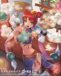  bamboo_steamer baozi breasts copyright_name crop_top cuboon flower food green_eyes hair_flower hair_ornament large_breasts lost_crusade navel official_art red_hair short_hair solo steam 