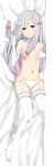  absurdres blue_eyes breasts covering covering_one_breast dakimakura dylannn elbow_gloves eromanga_sensei gloves grey_hair groin hair_censor highres izumi_sagiri lace lace-trimmed_gloves lace-trimmed_panties lace-trimmed_thighhighs long_hair lying navel on_back panties pink_ribbon ribbon side-tie_panties small_breasts solo thighhighs thighs topless underwear underwear_only white_gloves white_panties 
