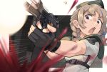  1girl beretta_92 black_gloves blood blood_spray border braid brown_hair casing_ejection chest_harness chestnut_mouth commentary_request cosplay fingerless_gloves firing gloves gun handgun harness holding holding_gun holding_weapon hololive jill_valentine jill_valentine_(cosplay) low_twin_braids medium_hair multicolored_hair muzzle_flash nervous open_mouth outside_border outstretched_arms pillbox_hat purple_eyes purple_streaks resident_evil resident_evil_1 shell_casing shirt short_sleeves shoulder_pads solo streaked_hair sweat todoroki_hajime twin_braids upper_body v-shaped_eyebrows virtual_youtuber weapon white_border white_shirt yume_makurya 