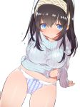  bangs black_hair blue_eyes blush bow bow_panties caburi eyebrows_visible_through_hair headband headwear idolmaster idolmaster_cinderella_girls image_sample long_hair looking_at_viewer no_pants panties sagisawa_fumika solo striped striped_panties sweater underwear 