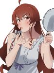  1girl absurdres ahoge applying_lipstick applying_makeup applying_own_makeup blush breasts cosmetics crossed_bangs dress eris_greyrat frilled_dress frills highres holding holding_lipstick_tube holding_mirror lipstick lipstick_tube long_hair looking_at_mirror looking_at_object makeup mirror mushoku_tensei nightgown parted_lips puckered_lips purple_ribbon quelsstone red_eyes red_hair ribbon simple_background solo upper_body very_long_hair waist_ribbon white_background white_dress 