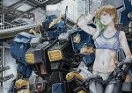  1girl advance_of_zeta arm_up breasts brown_hair cleavage collarbone commentary_request drying drying_hair emblem gauntlets gundam gundam_tr-1_hazel hair_behind_ear head_tilt highres indoors insignia katsu_(24791909) marker_(medium) mecha mobile_suit mobile_suit_gundam navel open_mouth panties pants robot roundel science_fiction short_hair single_gauntlet solo_focus sports_bra titans_(gundam) titans_test_team_(gundam) towel traditional_media underwear undressing white_panties zeta_gundam zeta_gundam_define 