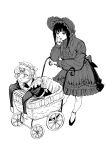  2girls absurdres amputee apron bonnet bug butterfly commentary_request dorozumi dress frilled_dress frills gothic_lolita greyscale hairband hat highres lolita_fashion lolita_hairband long_sleeves maid maid_apron mob_cap mole mole_under_eye monochrome multiple_girls open_mouth original pushing_stroller quadruple_amputee rui_(dorozumi) waist_apron white_background 